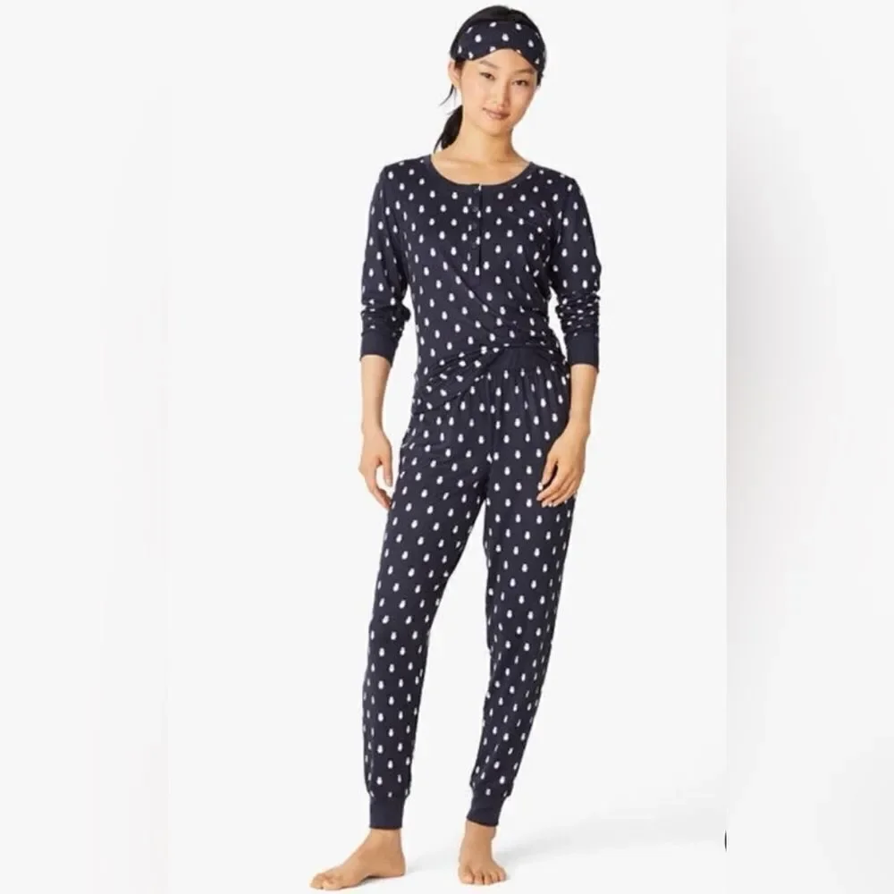kate spade XS Navy Owl Long Sleeve Henley Jogger Sleep Mask PJ Set